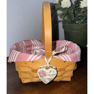 Longaberger HOPE Basket With Pink Stripes‎ Liner, Plastic Liner And Heart Tie On